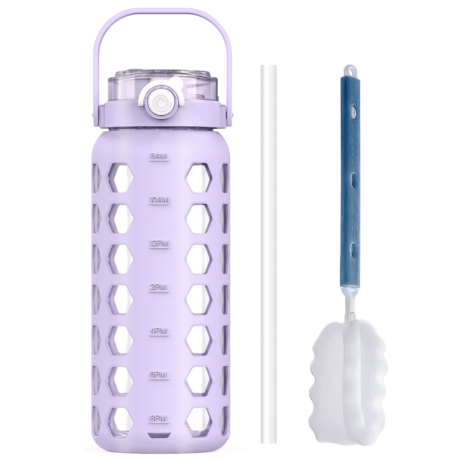 MUKOKO 56oz Glass Water Bottles with Straw and Lid,Motivational Water Jug with Time Marker Reminder and Silicone Sleeve,100% Leakproof BPA Free Fitness Sports Large Bottle-Purple