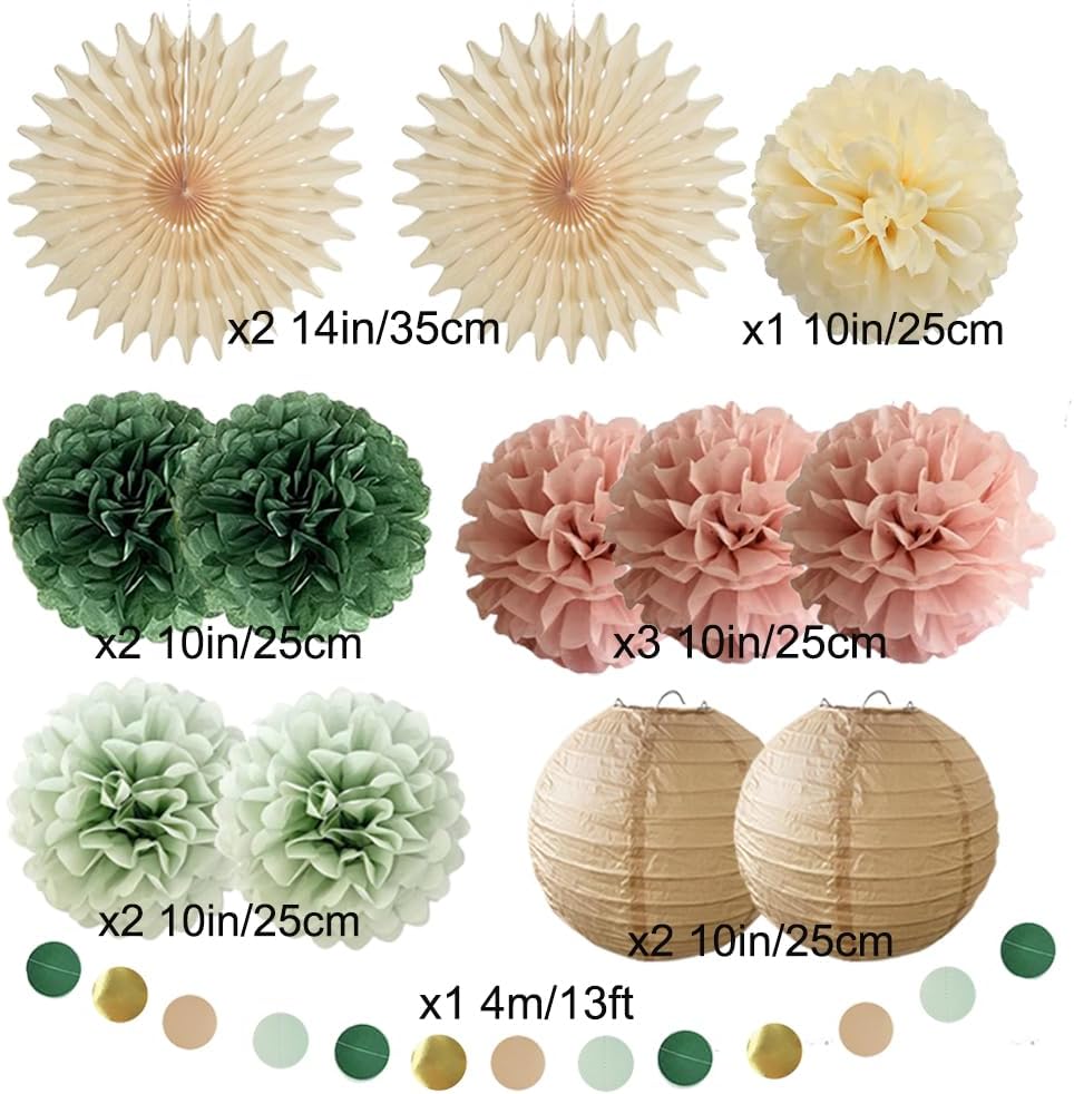 Sage Green and Dusty Pink Birthday Decorations Neutral Birthday Decorations Sage Green Pink Paper Pom Poms Paper Fans Happy Birthday Banner for Women Girls - Image 7