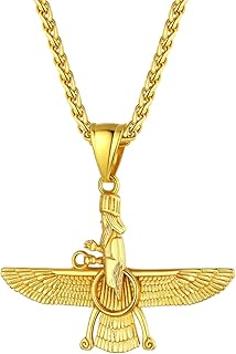 Herren Damen Halskette mit Faravahar Anhänger Edelstahl Farohar Forouhar Anhänger mit Weizenkette/Rolokette Iranische Persische Kettenanhänger Zoroastrismus Modeschmuck für Geburtstag Jahrestag