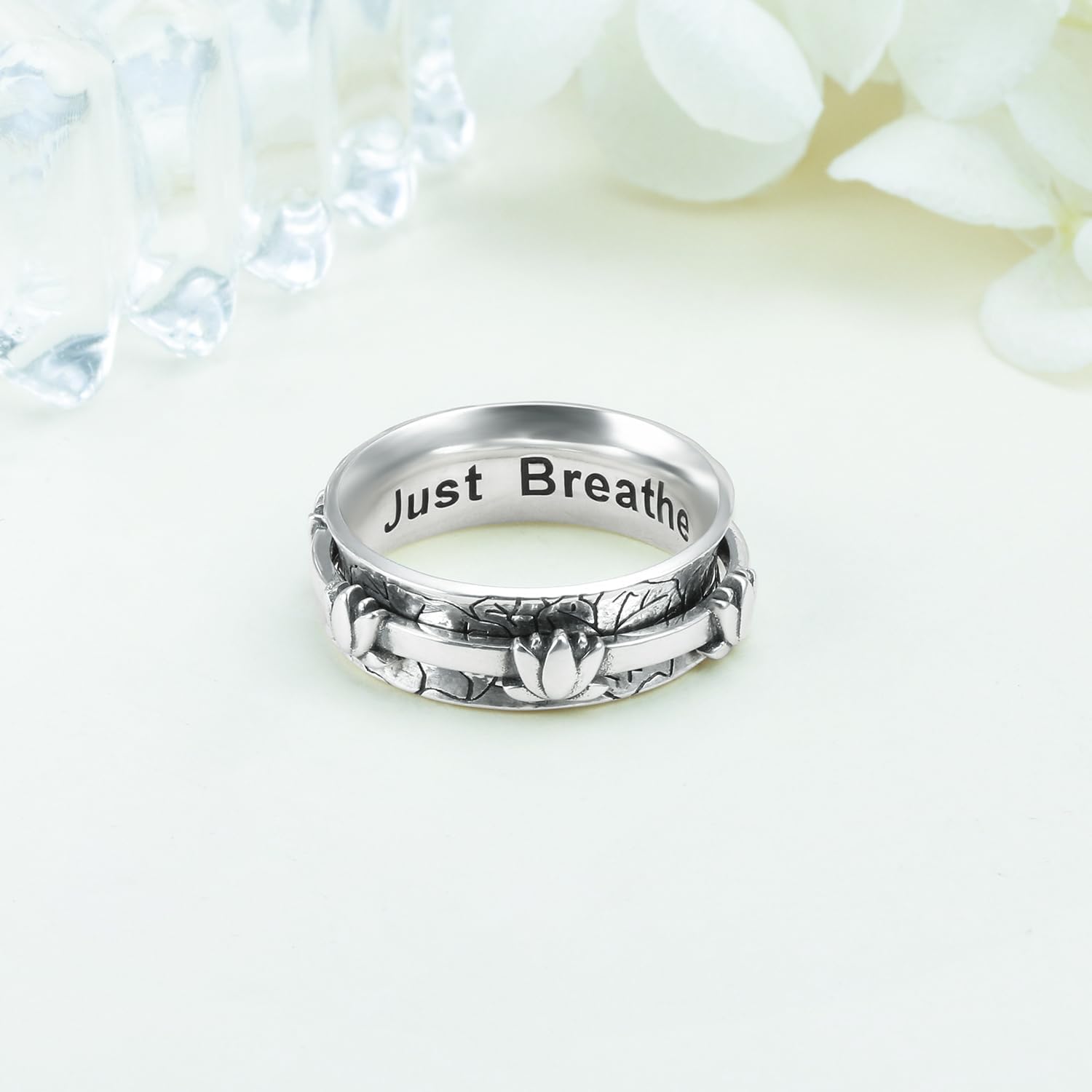 FLYOW Fidget Relieve Rings 925 Sterling Silver Just Breathe Lotus Anxiety Spinner Ring Worry Stress Relieving Boredom ADHD Autism Ring Platinum Plated Jewelry Birthday Christmas Gifts for Women - Image 5