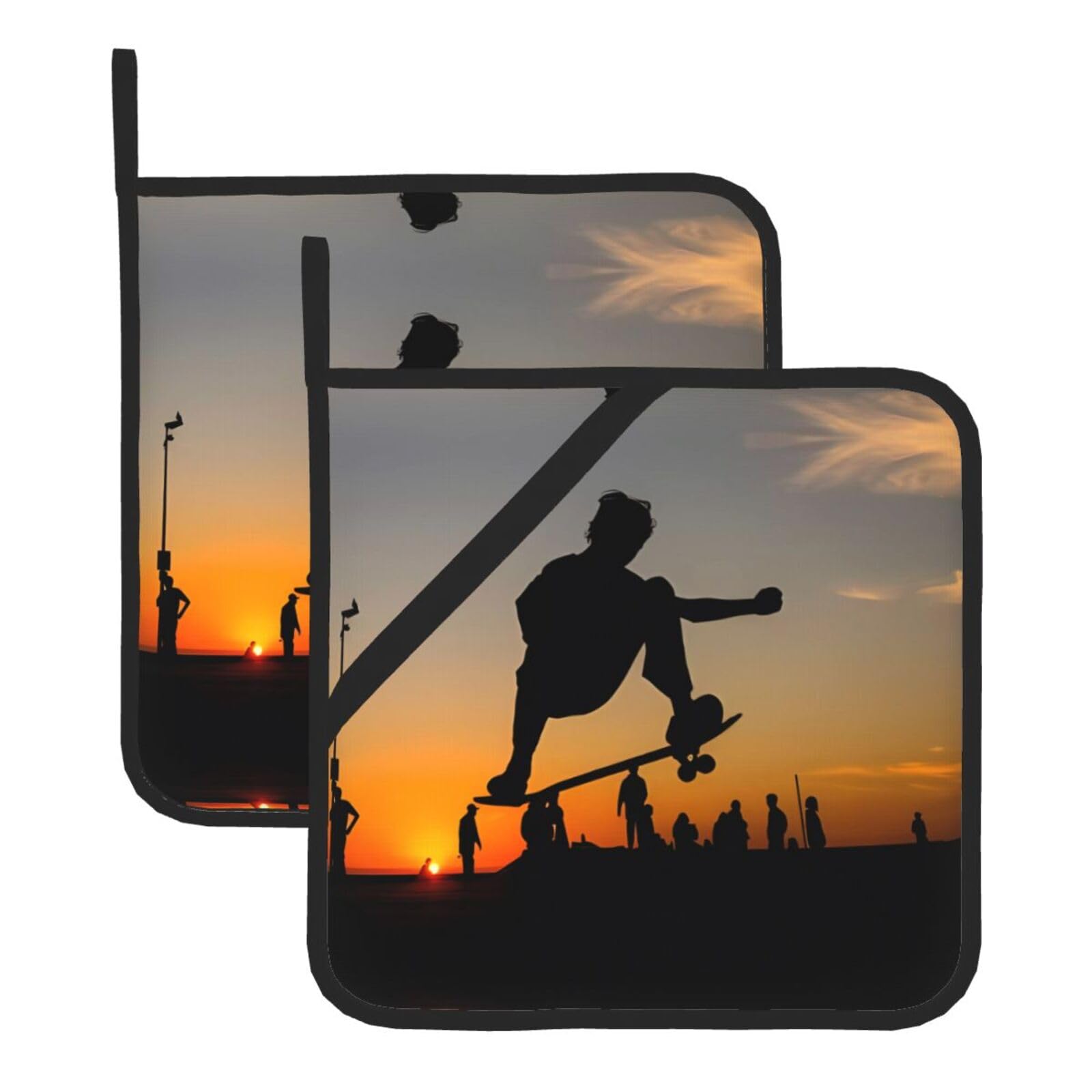 YYHWHJDE Skateboard Prints Square Hot Pads for Kitchen Counter - Waterproof Pot Holders, Durable Oven Mitt Layers with Hanging Loop, Heat Resistant Trivets (2-Pack)