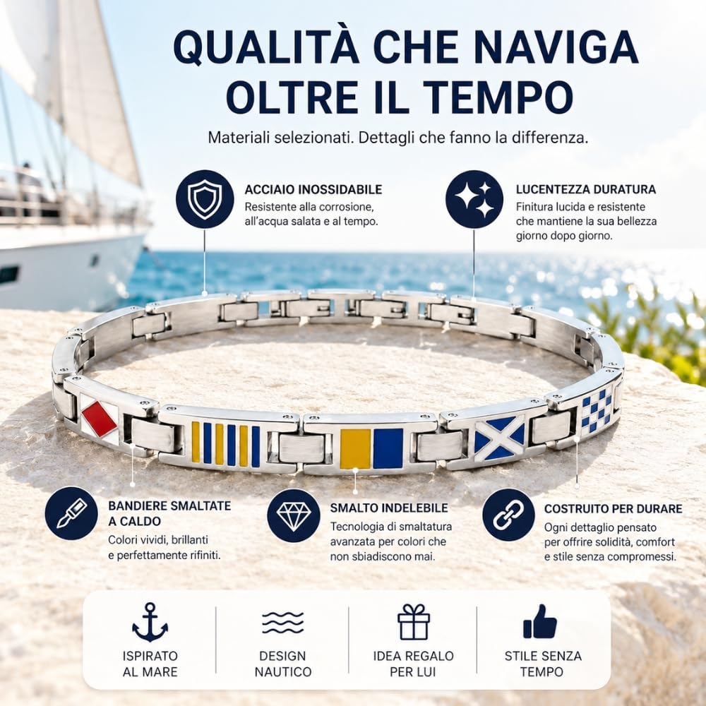 Bracciale Uomo con Bandiere Nautiche in Acciaio Inox e Smalto – Stile Mare Estate Vela Nautico – Idea Regalo Uomo