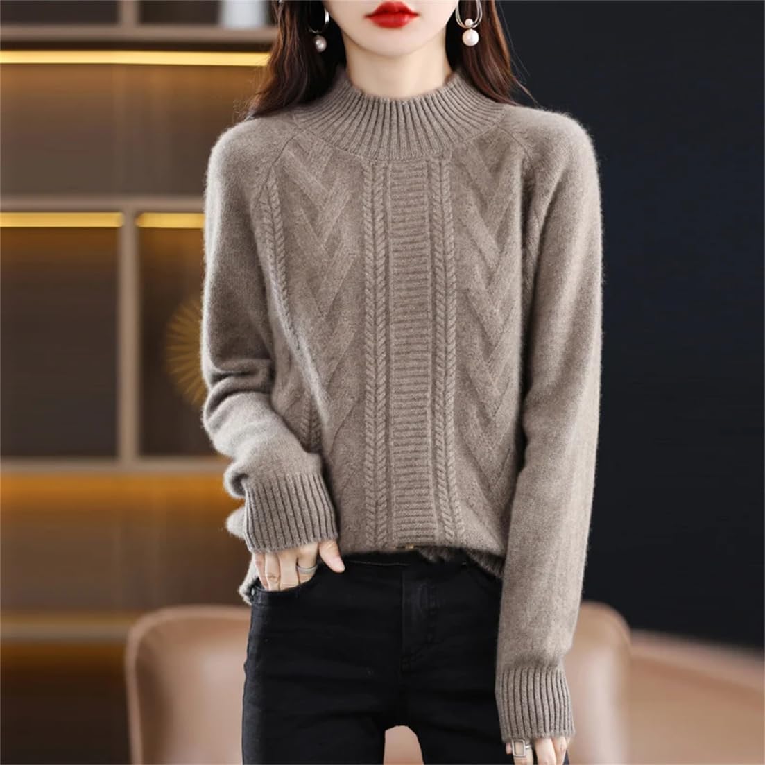 Maglione da Donna in Lana Tinta Unita Mezzo Dolcevita Addensato Pullover con Fondo Lavorato A Maglia Allentato