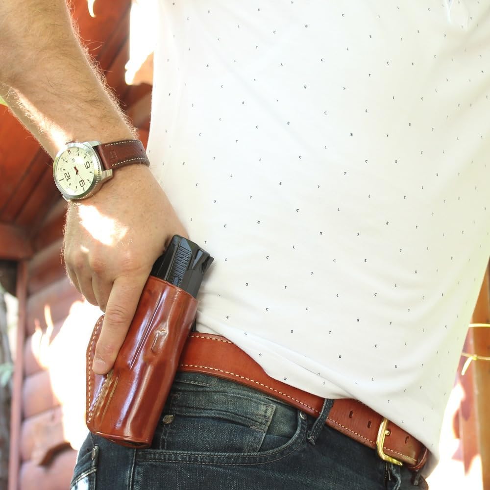Premium Leather OWB Paddle Holster with Open Top Fits, Girsan MC 14, Girsan MC 1911S, MC28 SA, MC28 SAC, Yavuz 16 Compact MC, Right Hand Draw, Brown Color