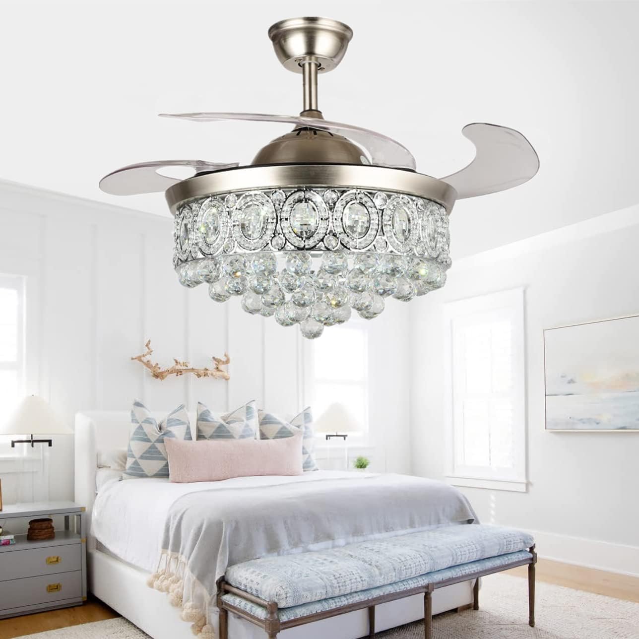 RuiWing 42" Crystal Ceiling Fan with Lights, Modern Remote Control Fandelier Retractable Blades 3 Light Color Change Chandelier 3 Speeds Silent Fan Lighting Fixtures for Living/Dinner Room Bedroom