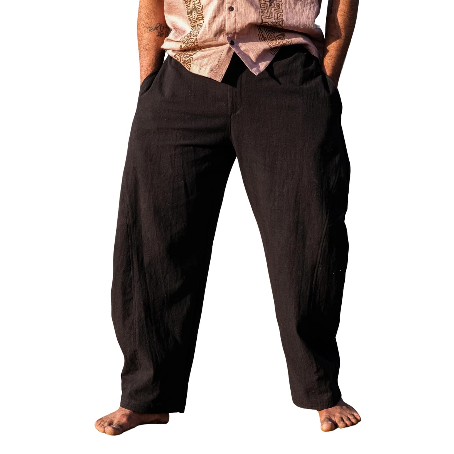 CRYSTALHEAL Regen Pants – Ultra-Lightweight Hand-Dyed Cotton Trousers with Folk Border Design – Comfortable & Airy Pants with Pockets