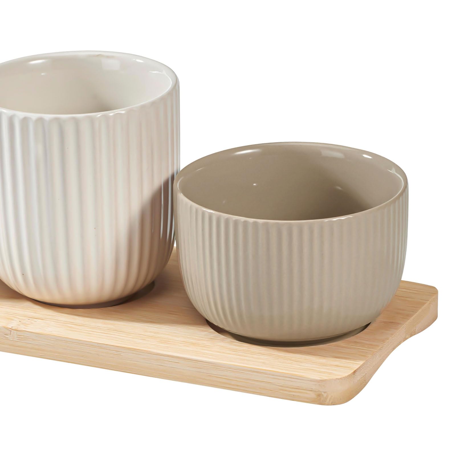 Murago - Servierset mit Bambustablett & 3 Keramikschalen - Dip-Schalen Set für Snacks Tapas Oliven Nüsse modernes Rillendesign Naturtöne Spülmaschinengeeignet Taupe Cream Beige