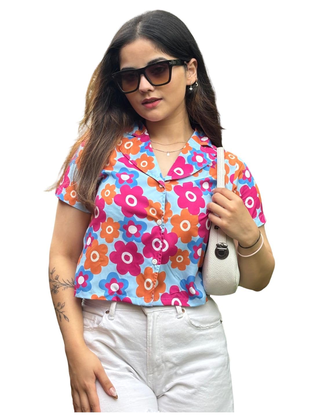 tandul Women's Floral Print Multicolor Crepe Shirt Regular Fit Half Sleeve Shirt for Womens Soft & Breathable & Comfortable Outfits for Office, Casual, Festive & Party (11607)-picture-39