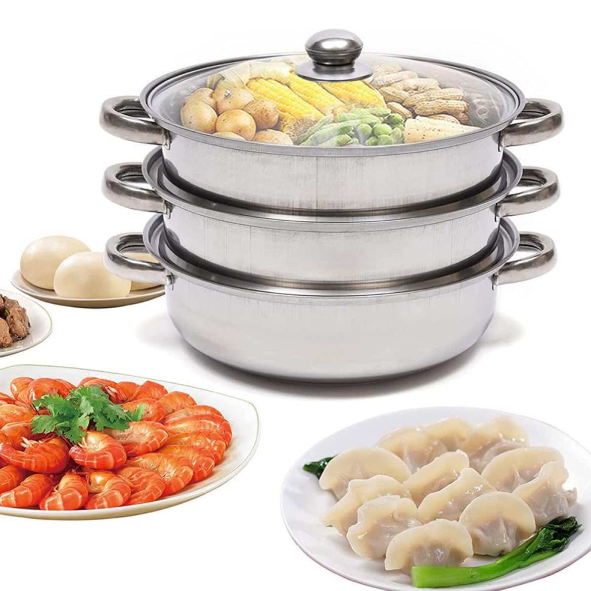 Ciieeo Vaporera Inoxidable de 3 Niveles de Acero Inoxidable Diseño Multi-capa y Tapa de Vidrio para Cocinar Verduras, Mariscos y Carnes al Vapor