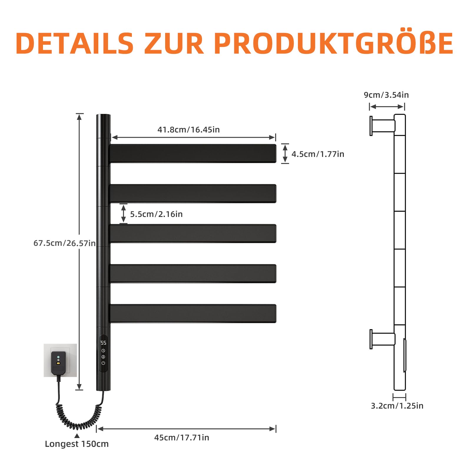 ZOYI 180°Drehung Handtuchheizkörper Elektrisch, Badheizkörper Elektrisch, Handtuchtrockner elektrisch, Handtuchwärmer elektrisch, 220V, 140W (Schwarz)