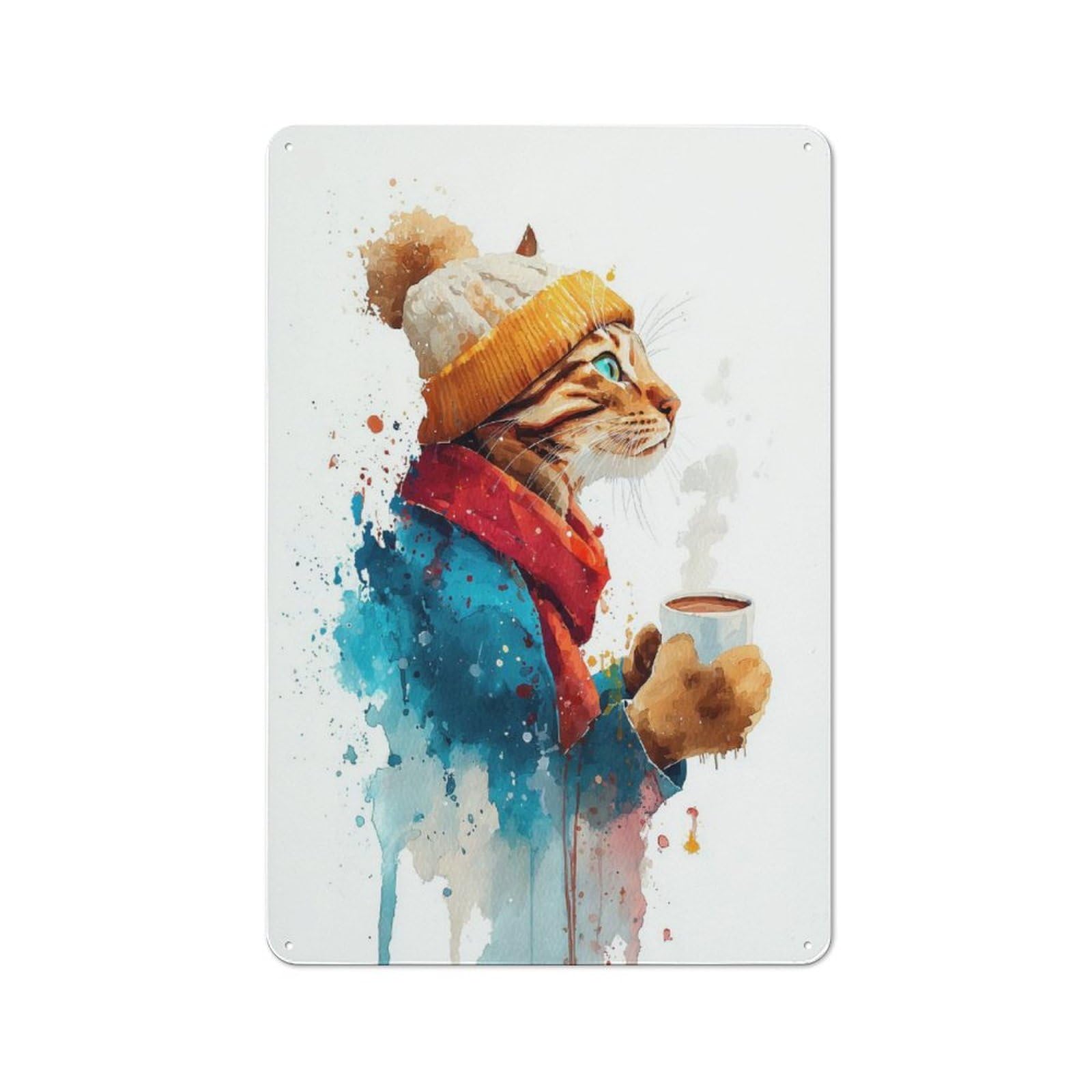 Junmoney Style-23 Metal Wall Sign 30X20cm Featuring Watercolor Cat In With Coffee In Winter For Bar Or Restaurant, Gift For Bar Decor Enthusiasts During The Christmas Season