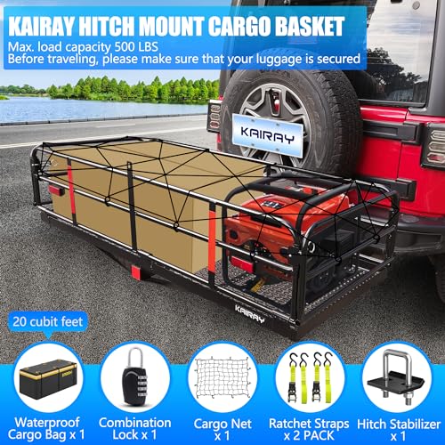 KAIRAY 500 Lbs Heavy Duty Hitch Mount Cargo Carrier 60"x24"x14.4" Folding Rear Luggage Rack Basket Fits 2" Receiver for Car SUV Camping Traveling with Stablizer Waterproof Bag Net Ratchet Straps Lock