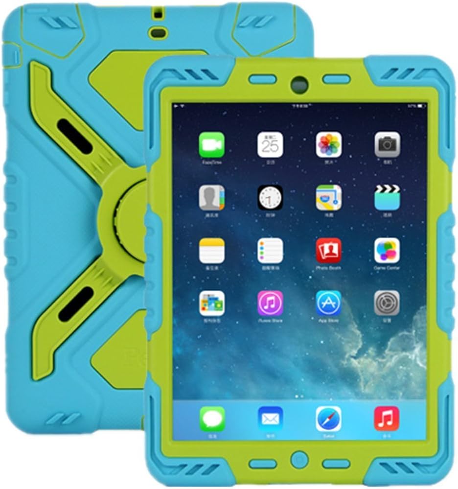 Pepkoo Protective Dual Layer Silicone Plastic Case with Built-In Stand Designed for Apple iPad Mini / iPad Mini 2, Shock-Absorbing, Kid-Proof, Shock-Proof blue and green