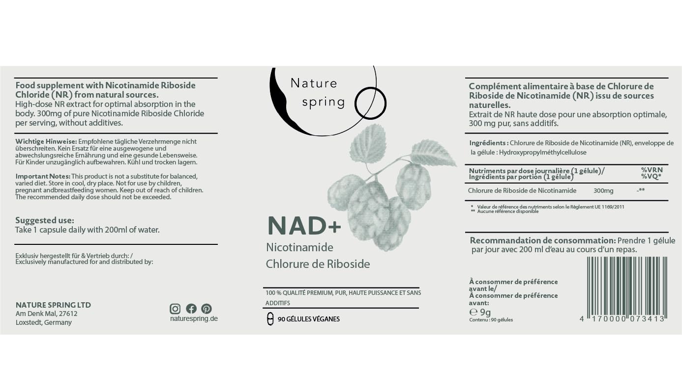 Nad Supplement Nicotinamide Riboside 90 Capsules - Testé en Laboratoire en Allemagne - 300 mg par Capsule - Nicotinamide Nad pour 3 Mois