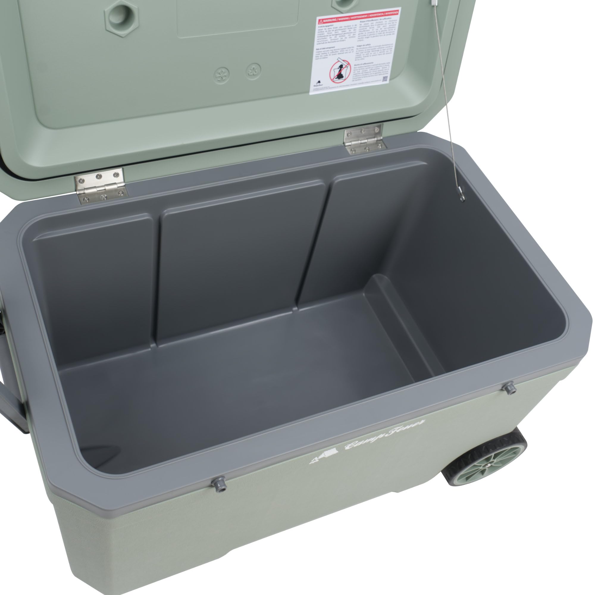 CampFeuer Lodówka LightGreen 70 litrów z kółkami, izolowana lodówka turystyczna z uchwytami, przenośne pudełko chłodzące, mini lodówka, pudełko termiczne, pudełko na przekąski, chłodziarka do lodu, do