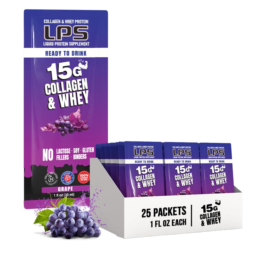LPS Liquid Collagen & Whey Protein Supplement - Non-GMO Drink, Sugar-Free - Promotes Healthy Skin & Hair for Men & Women, Grape, Single Serve (25 Packets)