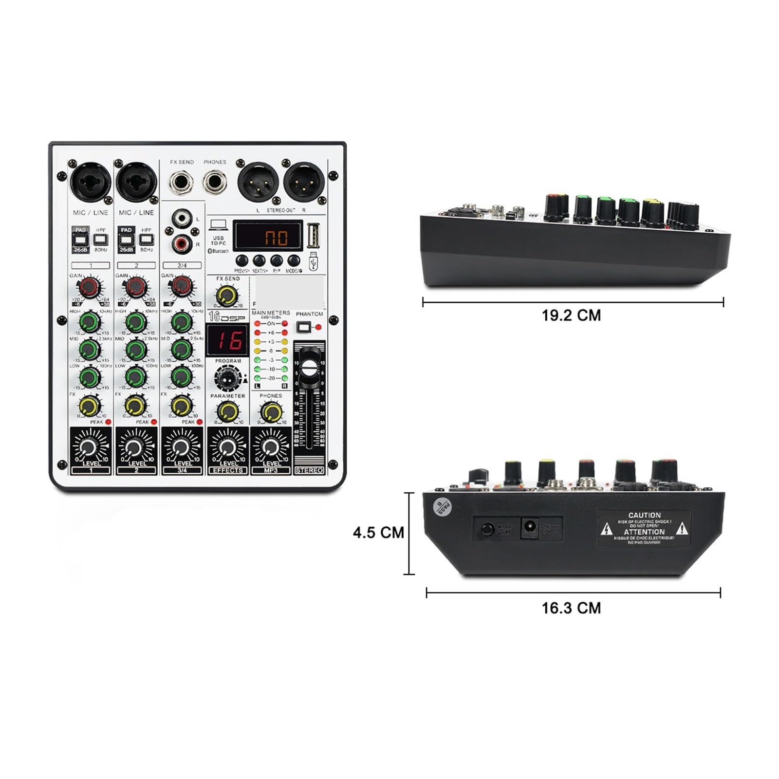 Mixer Audio A 4 Canali, Mixer DJ Con Interfaccia Audio USB, Funzione Bluetooth, 16 Effetti Ed EQ A 3 Bande