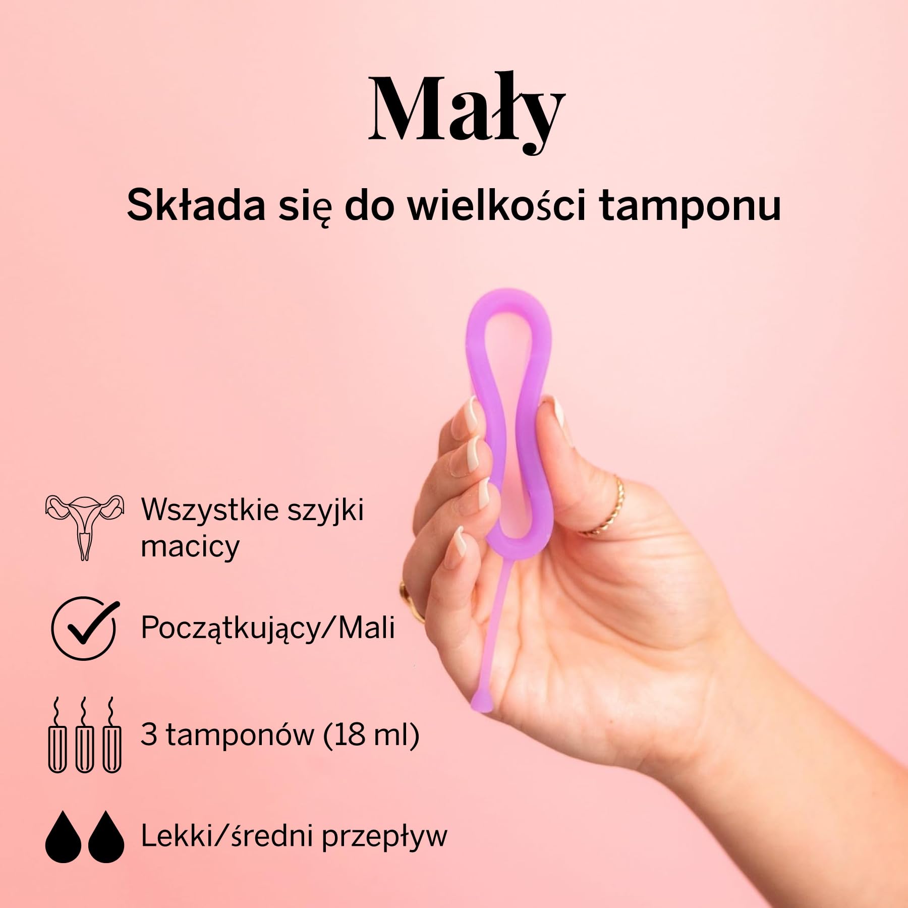 Pixie krążek menstruacyjny – miękki i wielokrotnego użytku – wykonany w 100% z silikonu medycznego – bez metali i substancji szkodliwych – czas noszenia 12 godzin – usuwa jak tampon – rozmiar mały