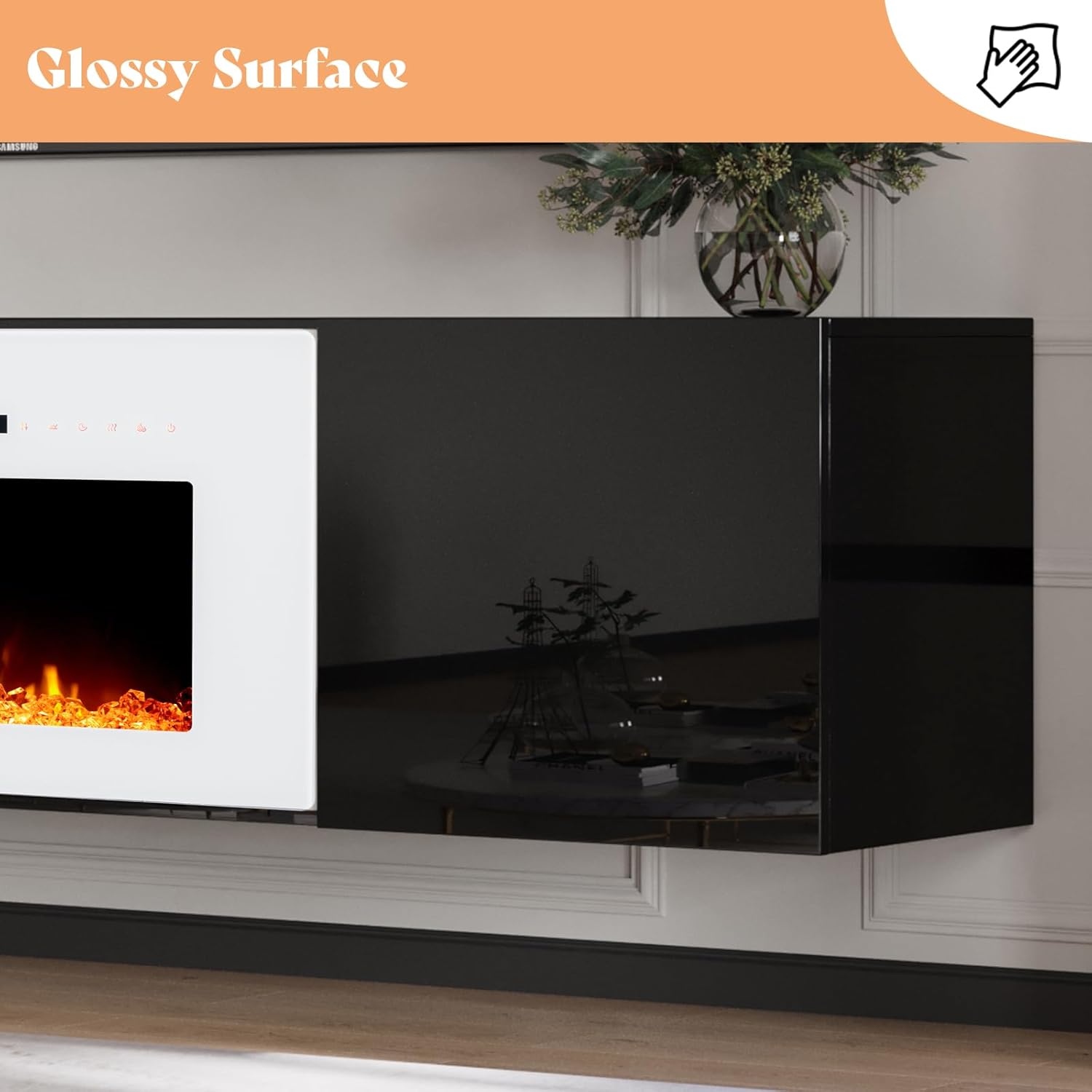 Close-up image of the high-gloss surface of the TV stand, with a hand icon indicating easy cleaning.