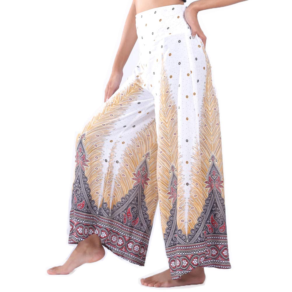 Lofbaz Women's Peacock 1 White Wide Leg Palazzo Pants Yoga Lounge Hippie Harem Flowy Trousers Petite Summer Hippy Comfy Travel Belly Dance Slacks - S