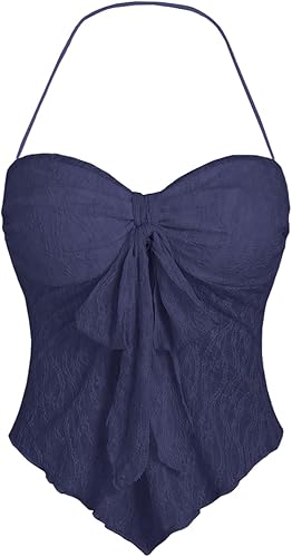 SHENHE Top halter de encaje para mujer, nudo frontal, espalda descubierta, asimétrica, Y2k, coqueta, sin espalda, para salir