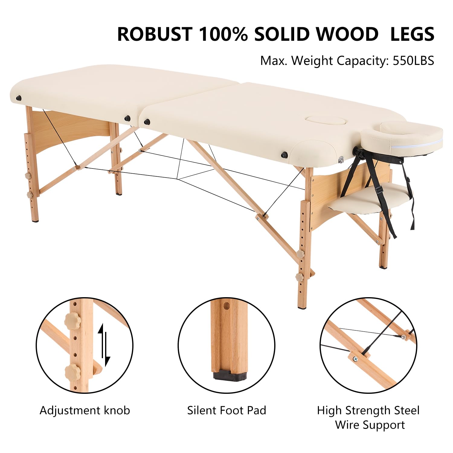 YOUNIKE Camilla Masaje Beige Plegable 2 Zonas Profesional Portátil Carga 250kg 186×70cm Altura Ajustable de Madera Haya para Belleza Tatuaje SPA con Bolsa de Transporte