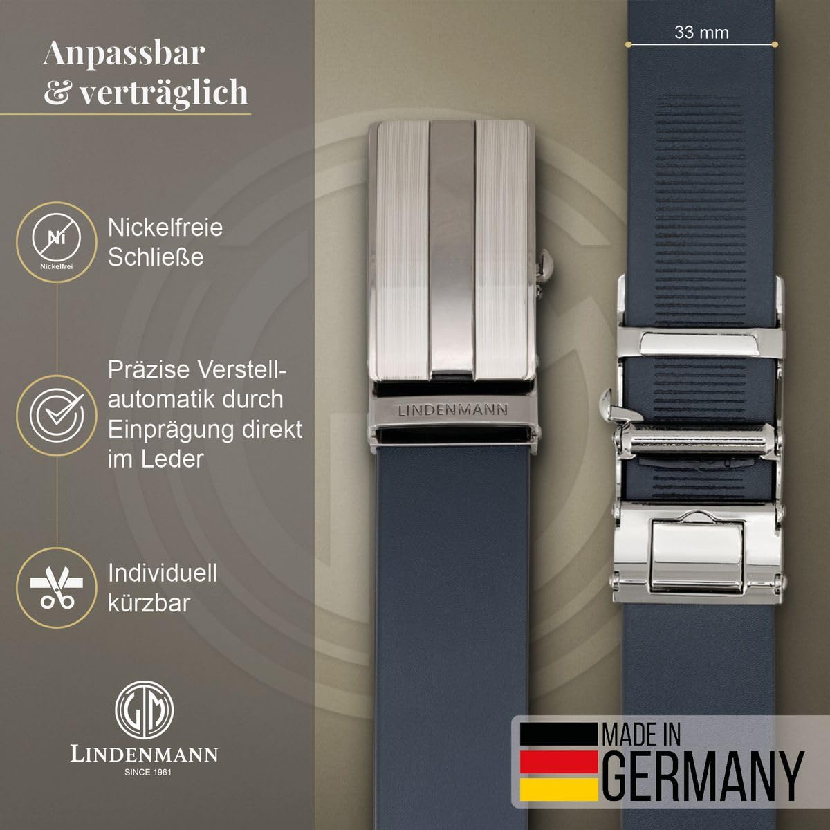 LINDENMANN Herren Automatikgürtel Rindsleder blau Made in Germany