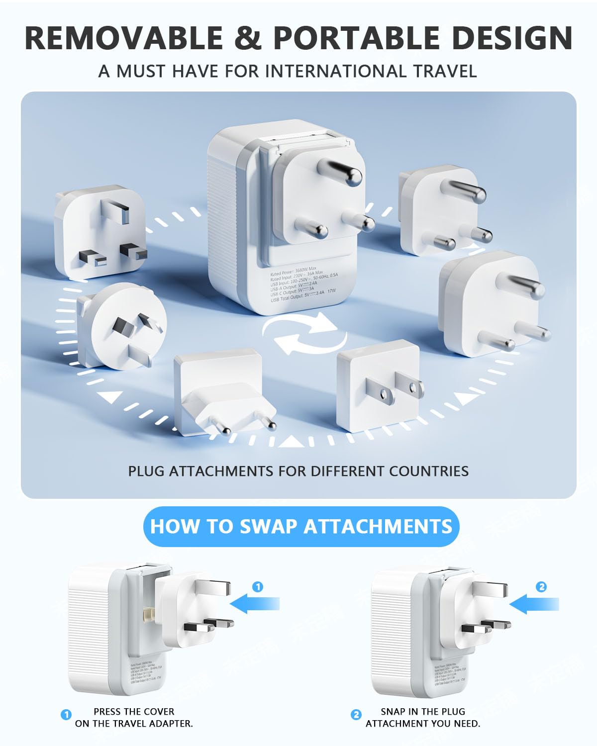 Set d'adaptateur de Voyage International, Adaptateur de Prise avec 4 USB (2 USB-C), Type A/C/G/I/M/D, Adaptateur de Prise Universel Mondial pour US/EU/UK/Afrique du Sud/Japon/Chine/Australie/Inde