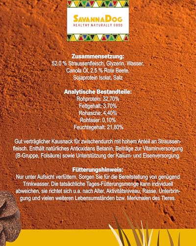 SavannaDog Chips mit Rote Beete 800g - Hunde Leckerlis getreidefrei & hypoallergen,Leckereien für Hunde mit Straußenfleisch, Hundeleckerli mit wertvollen Ballaststoffen
