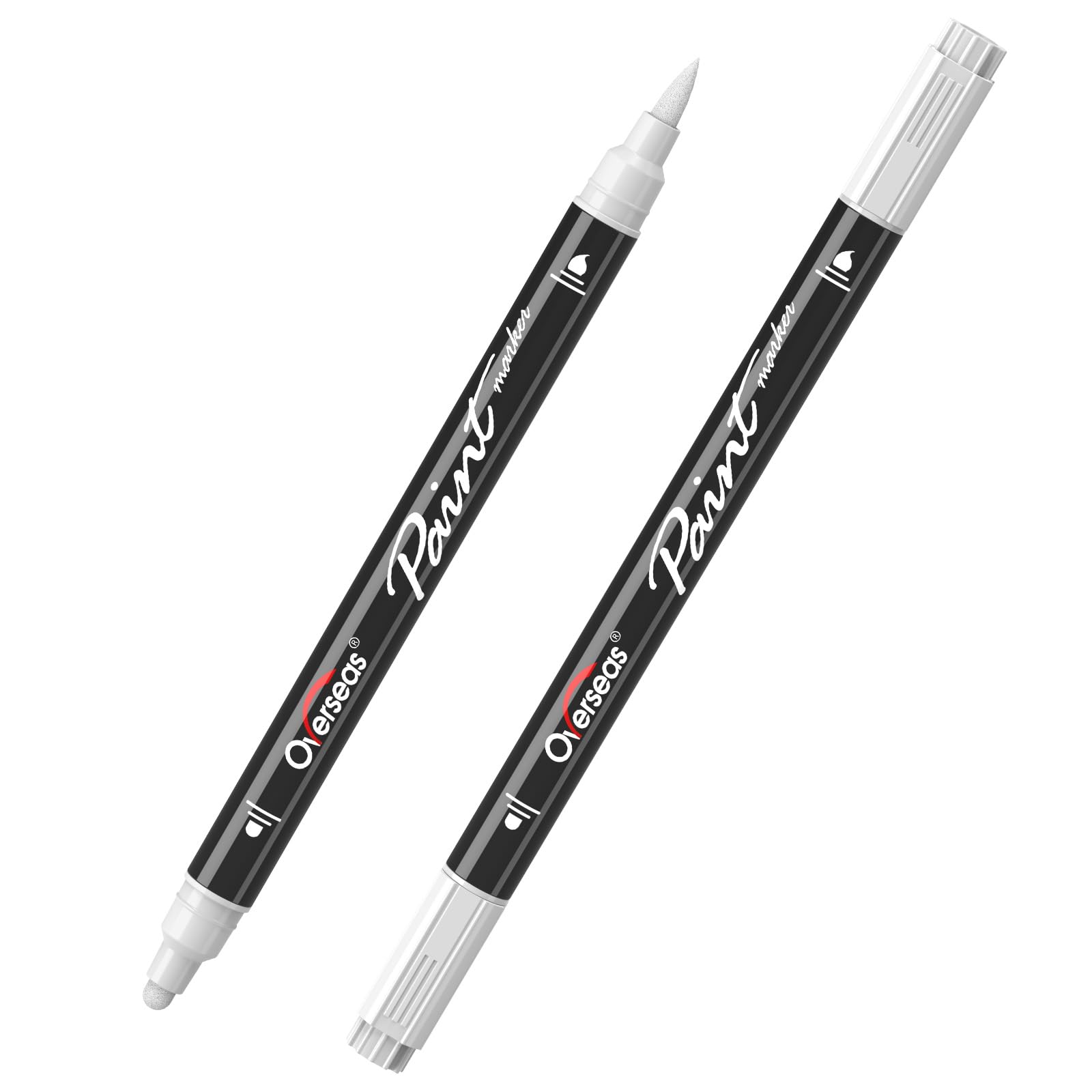 Overseas White Acrylic Paint Markers, 2 Pack Dual Tip Paint Pens Acrylic Markers with Dot and Brush Tip, Coloring Marker for Wood, Rock, Canvas, Glass, Metal, Ceramic, Plastic, Fabric, School Supplies