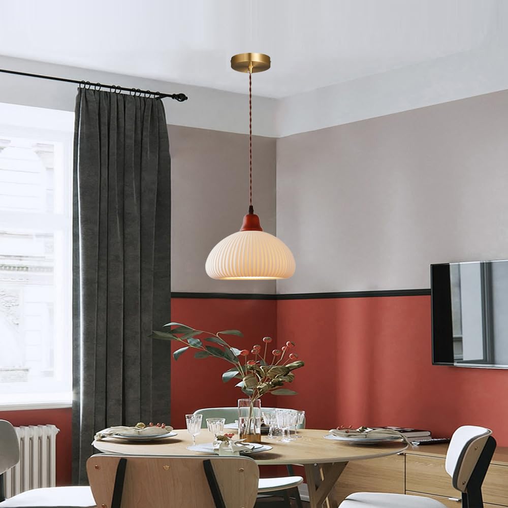 Lampada a sospensione in ceramica bianca a coste, lampada a moderna di metà secolo, lampadario a soffitto in legno rustico della fattoria, tavolo da pranzo for camera letto