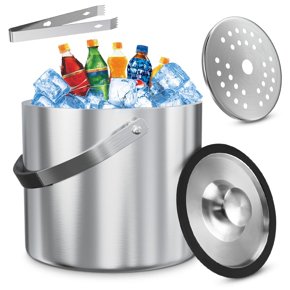 Cubitera de Acero Inoxidable con Tapa, Cubo de Hielo Aislado, Enfriador de Cerveza y Champán, Cubo de Hielo de 2,2 l, Incluye Colador y Pinzas para Hielo, Portátil y Fácil de Limpiar