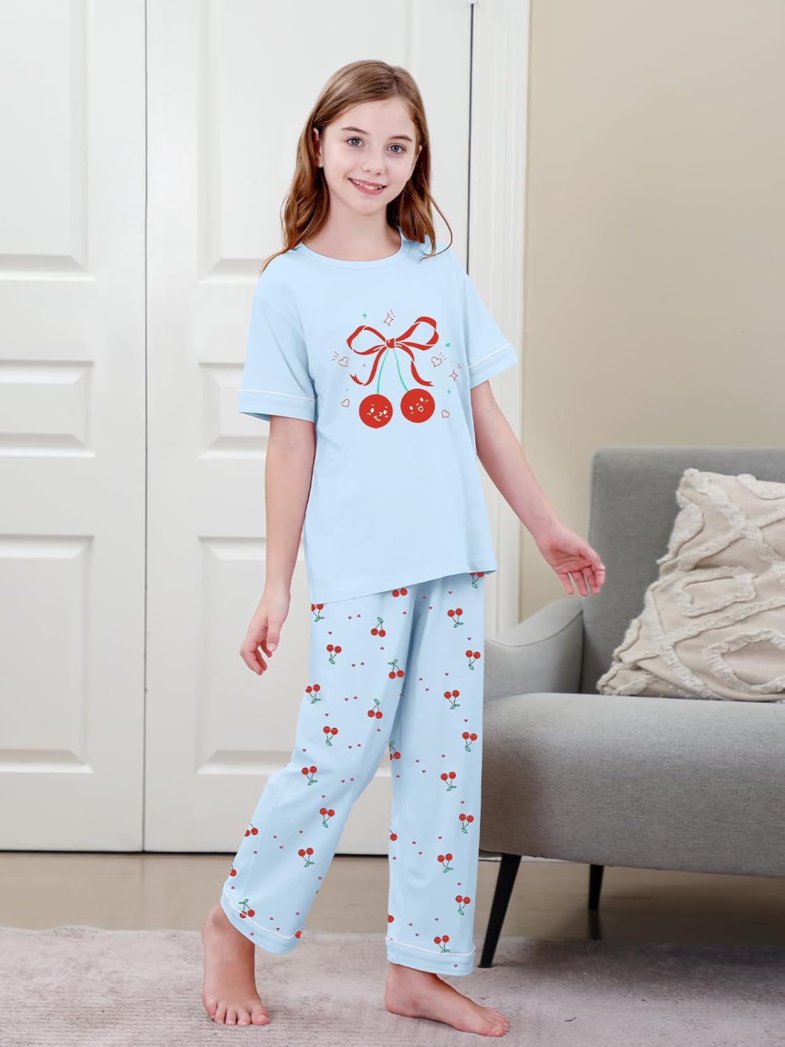 Umeyda Girls Pajamas Set, Cotton Pjs Cartoon Pattern 3PCS Sleepwear Lounge for Kids Size 5-14 - Image 4
