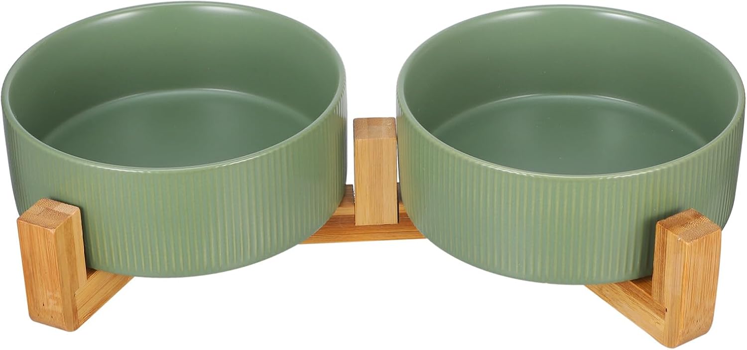 SUPVOX 1set Ceramic Dual-Bowl Pet Feeder Wooden Stand Stylish Elevated Food and Water Dishes for Convenient Feeding and Drinking Non- Design Modern Matte