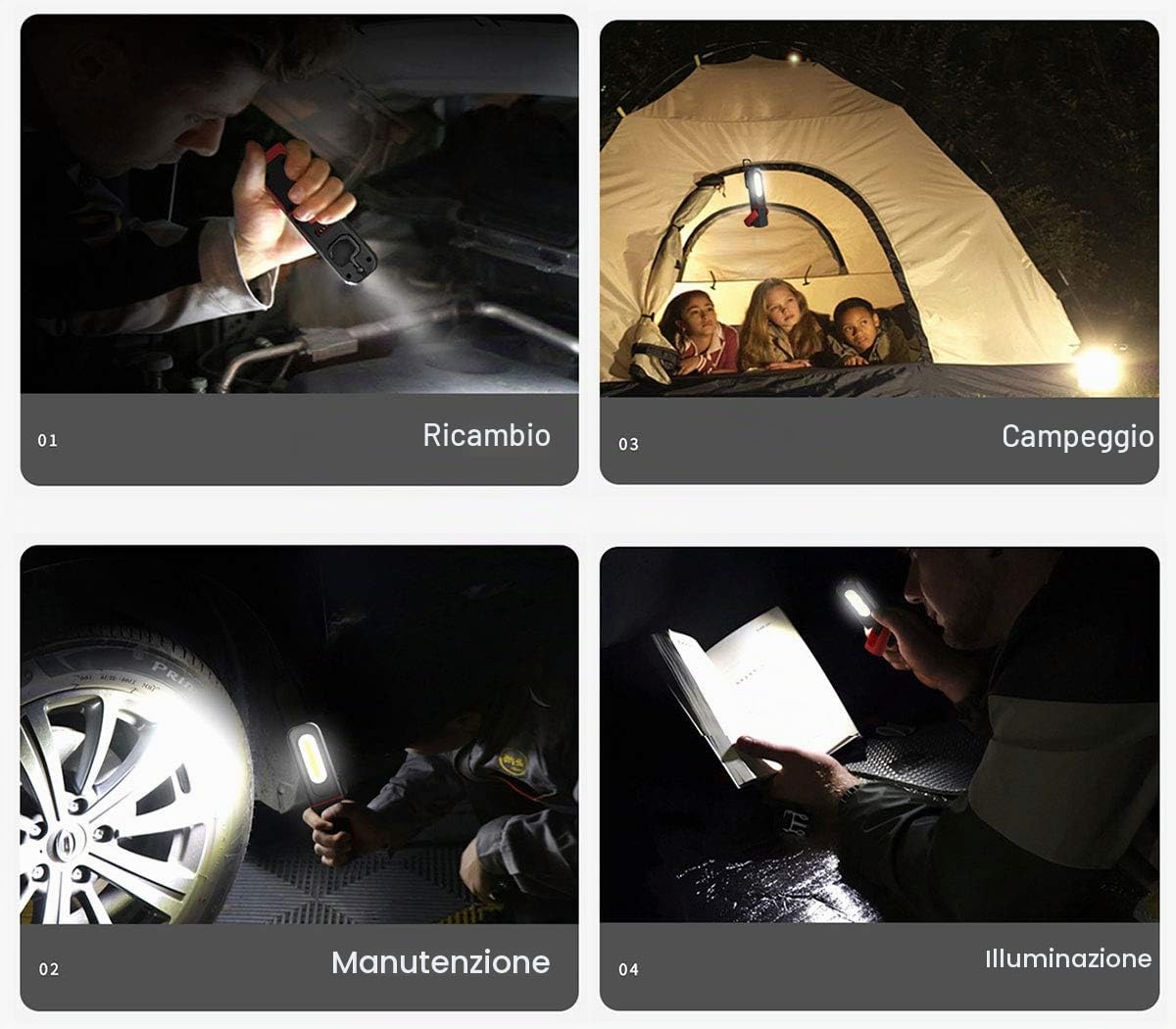 Lampada da Lavoro COB LED Ricaricabile, Lampade di ispezione, Portatile Torcia LED per 360 ° rotatable con Base Magnetica e Gancio Appeso,per Riparazione Auto,Campeggio e di Emergenza Uso