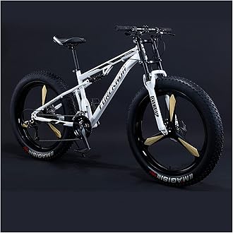 REOTEL Mountain Bikes Men 26 Inch Adult Fat Tyre Mountain Bike with Full Suspension, High-carbon Steel Large Frame Dual Disc Brake Giant Bicycle,White 3 Spoke,7 Speed