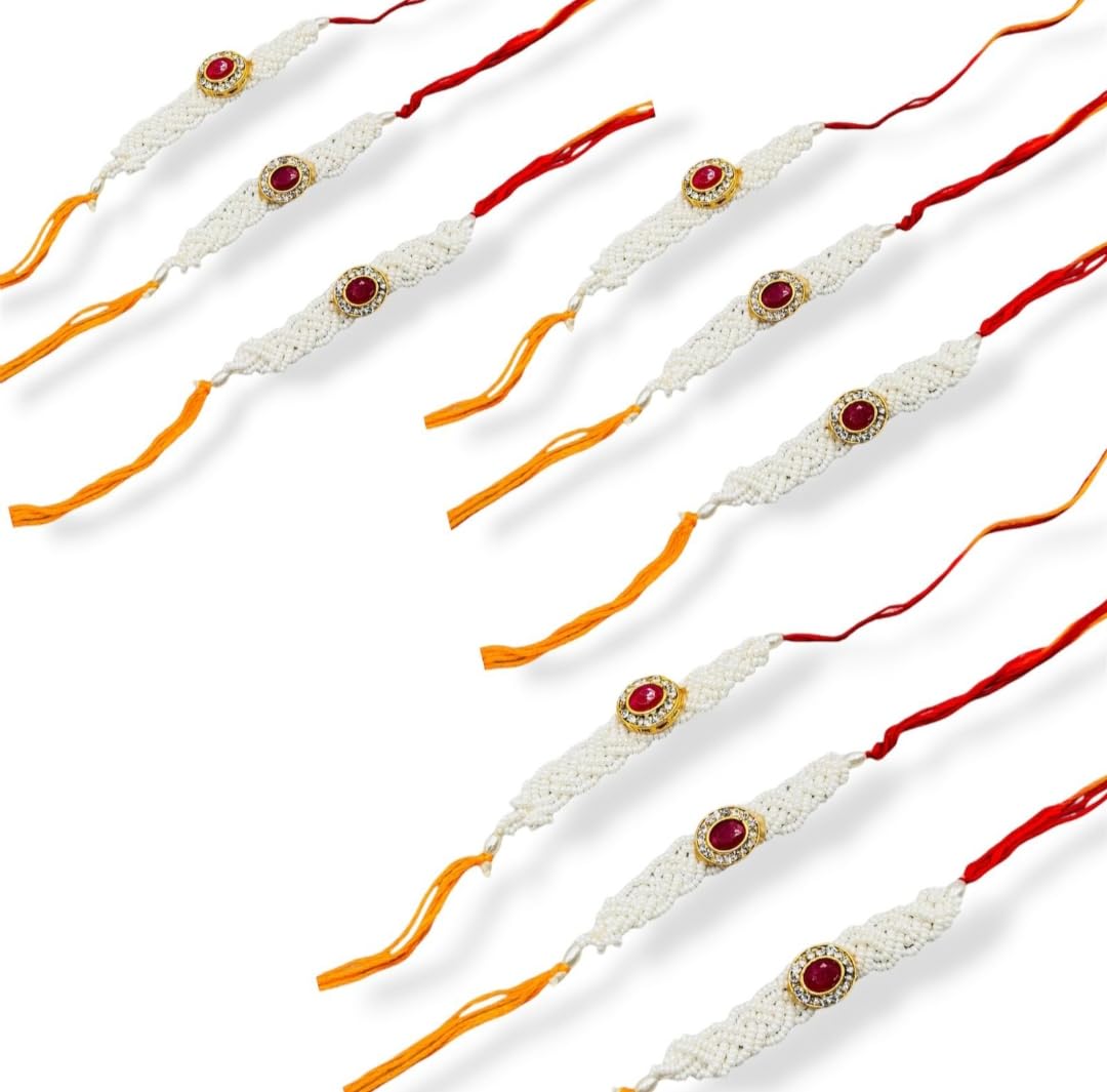 Pack of 9 Thread Rakhi Set for Brother | Premium Handcrafted Designer Pearl Rakhi Family Pack | Traditional Rakshabandhan Gift Multipack for Family-image-27