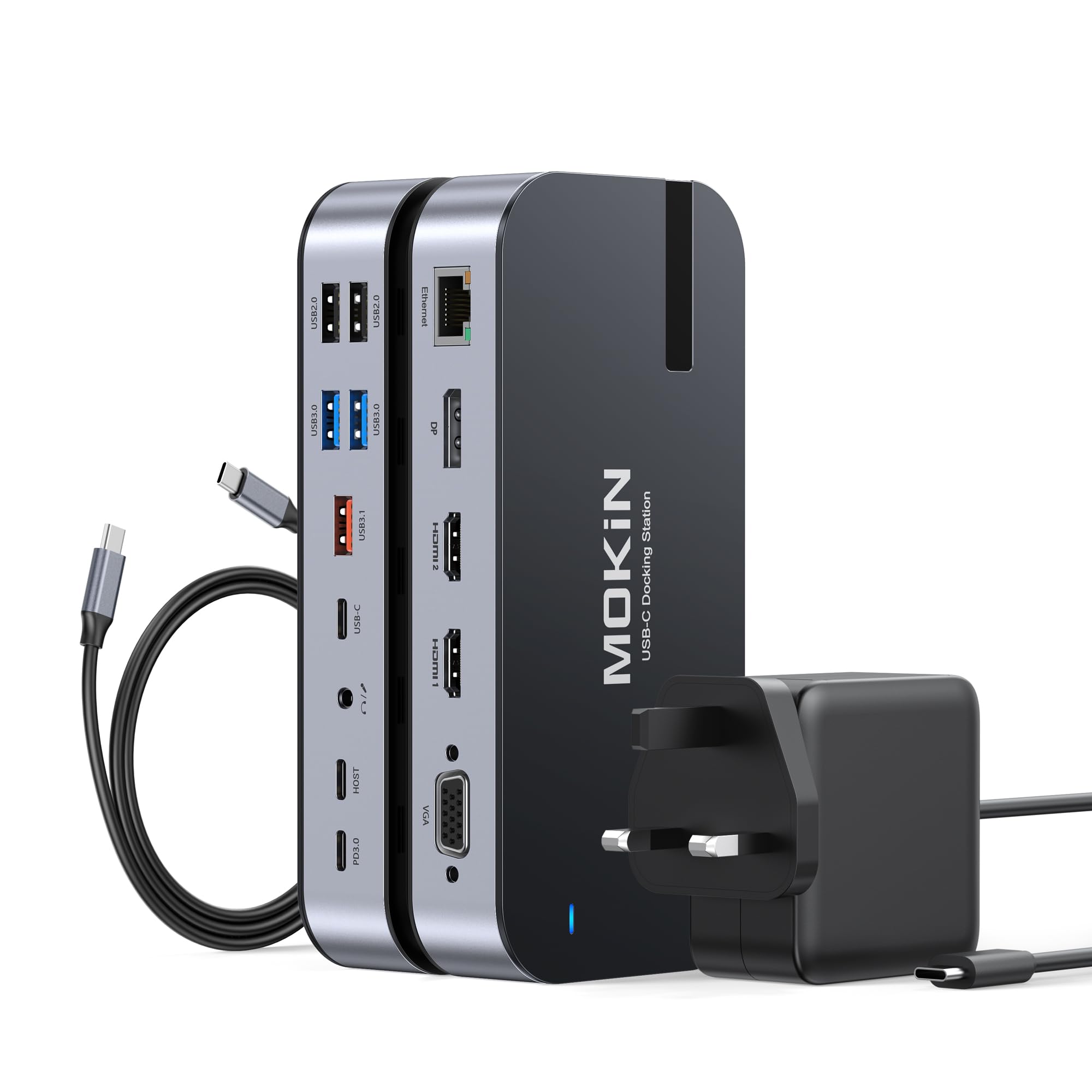 MOKiN USB C Docking Station Dual Monitor with 65W Power Adapter 15 in 1 Laptop Docking Station Quad Monitor USB C Dock with Dual HDMI DisplayPort, VGA, 6 Type-C/A, RJ45, 100W PD, Audio SD/microSD