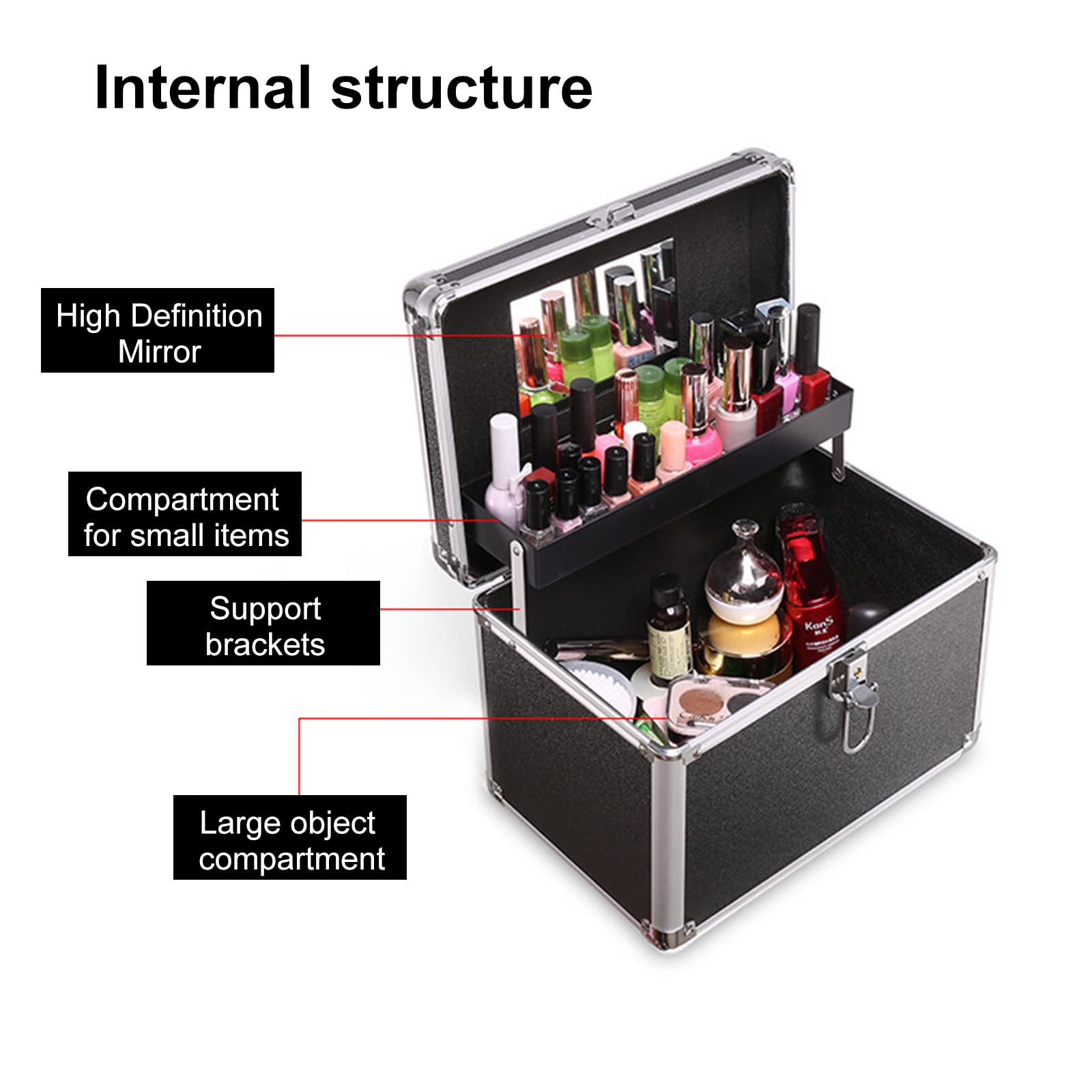 Scatola organizer per cosmetici con specchio, portatile, per trucchi, con serratura, professionale, per gioielli, pennelli e prodotti per la cura della pelle, da viaggio, rosa, Portatile professionale