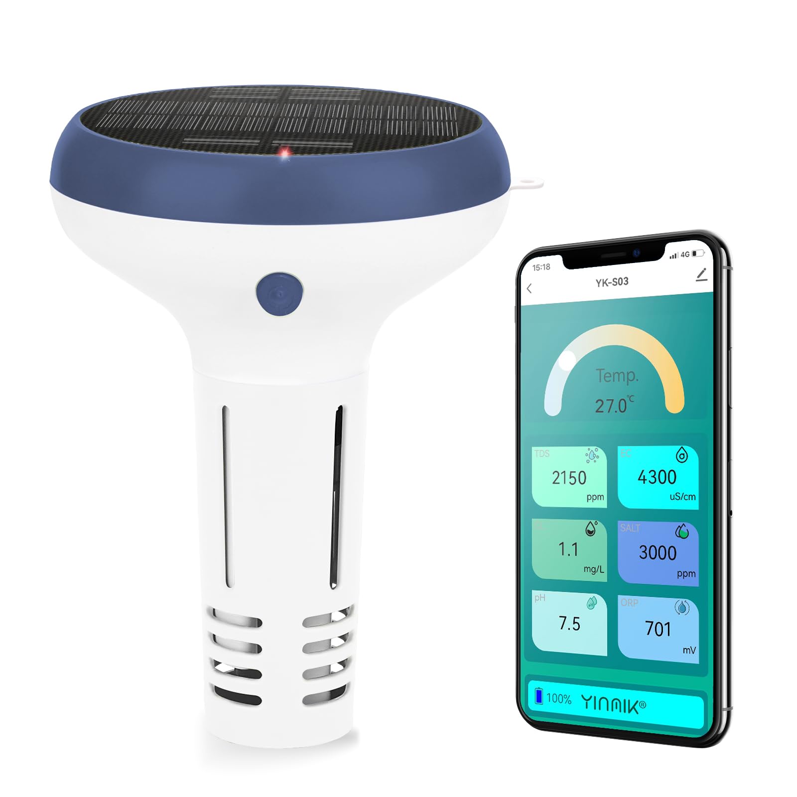 UIUZMAR Pool pH und Chlor Messgerät Intelligenter Poolmonitor, 7-in-1 pH Salz EC TDS Freies Chlor ORP und Thermometer für Schwimmbad, Schwimmender Solarbetriebener Chlormonitor für Whirlpool