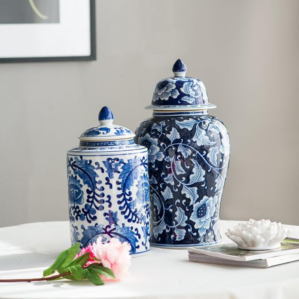 T2 Concept 18" Oriental Traditional Blue and White 100% Porcelain Floral Decorative Ginger Jar For Living Room Mantel Tabletop - 18x9x9"