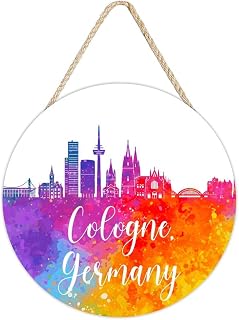 Germany Cologne City Skyline Home Decor,Colorful Cities Landscape Round Wood Sign Hanging Plaque,Welcome Door Sign Wall Art for Outdoor Farmhouse Garden Porch Home 12"