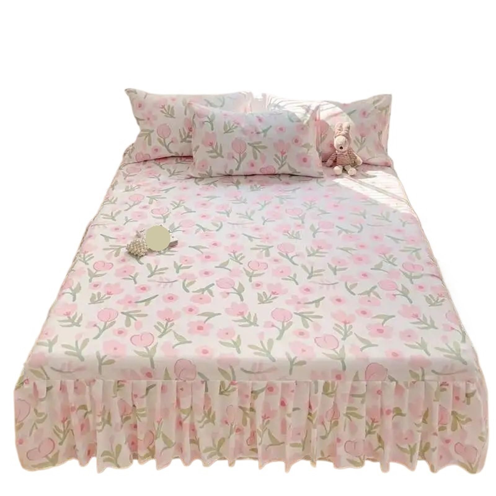 Ruffled Bed Skirt Floral Bed Skirt - Printed Brushed, Ruffled Non-Slip Bedspread With Pillowcase (Queen/King)(47 * 36mm,200x220cm 3pcs Set)