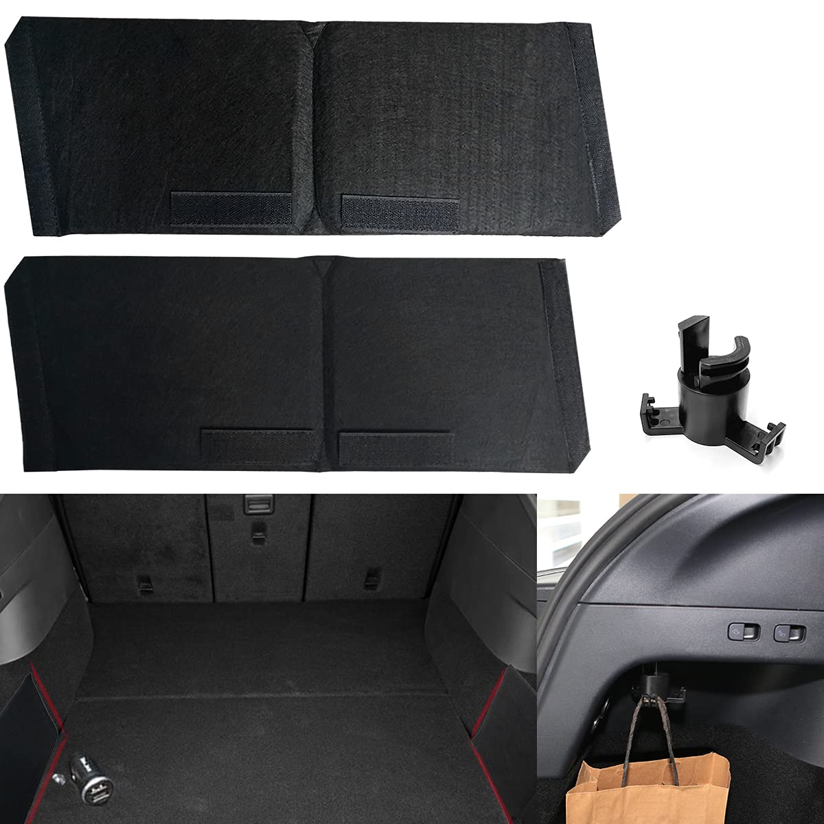 Heenvn Rear Trunk Organizer Side Divider Accessories Set for Tesla Model Y (Left Side Divider + Right Side Divider), with Trunk Hook Hanger, 3 Pack