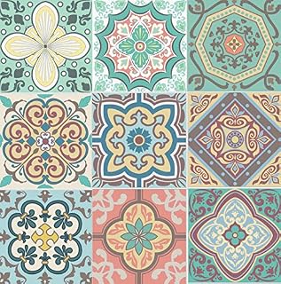 Self Adhesive Wall Tiles Stickers-18 PCS Moroccan Mosaic Style Kitchen Wall Art Decor Traditional Vintage Design- Bathroom backsplash Kitchen splashbacks Peel and Stick Transfer Covers(Modern 4 inch)