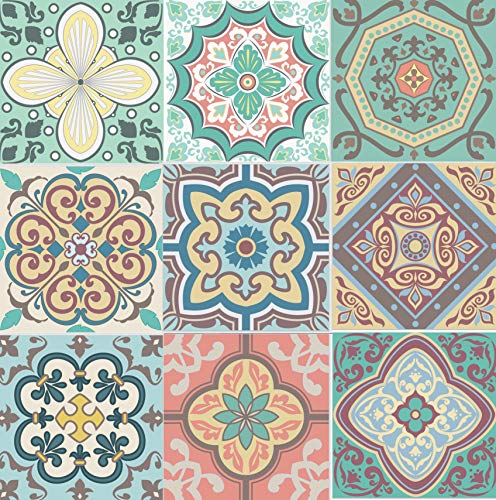 Pegatinas autoadhesivas para azulejos de pared, 18 piezas de estilo marroquí de mosaico para decoración de pared, diseño tradicional vintage, cocina, para despegar y pegar (moderna 6 pulgadas) Cover