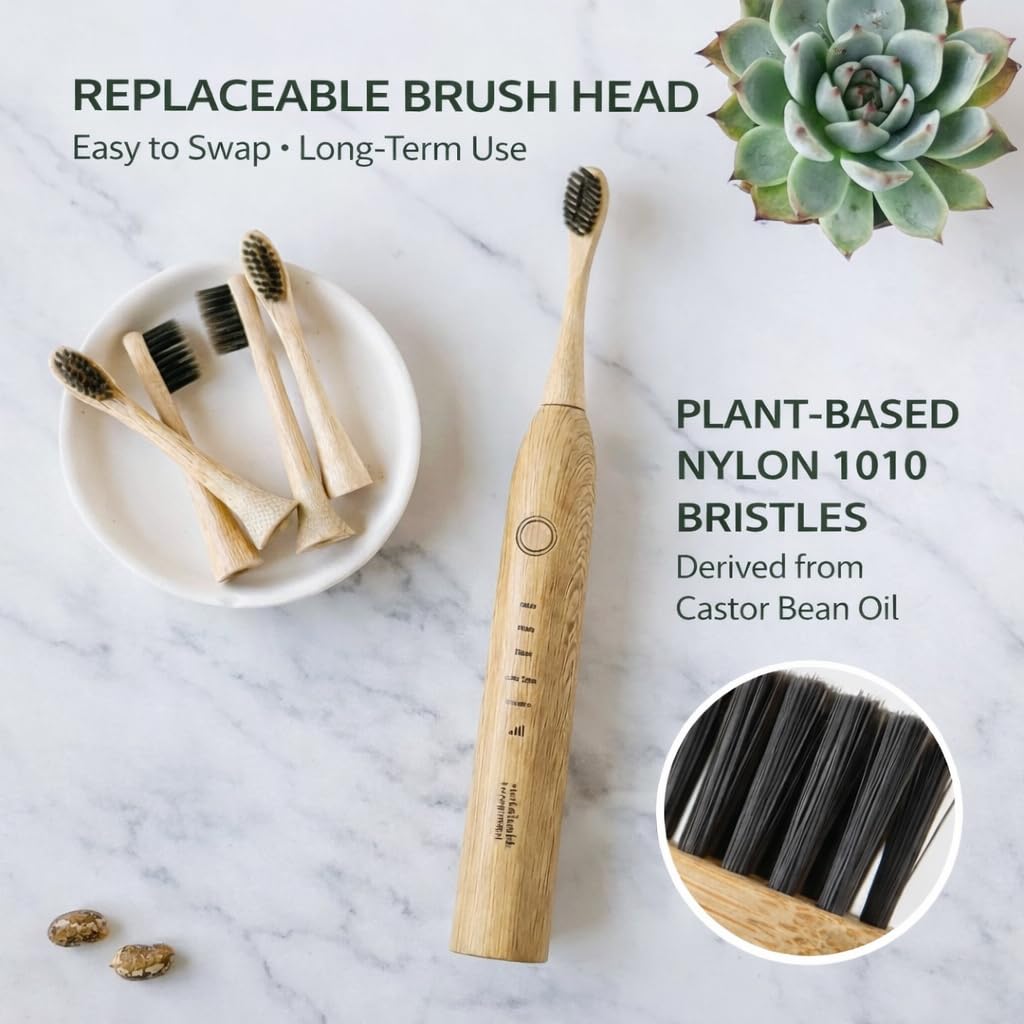 Sustainable Tomorrow Zen Bamboo Spazzolino da denti elettrico per adulti, ricaricabile con setole morbide a base vegetale, teste in bambù, 5 modalità e batteria a lunga durata, regalo di Natale ideale