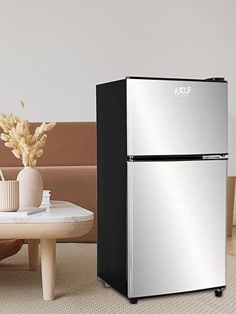 KRIB BLING Mini Fridge With Freezer,3.5 Cu. Ft Compact Refrigerator With 2 Doors,7- Level Adjustable Thermostat, Removable Glass Shelves For Bedroom, Office, Kitchen, Apartment, Dorm, Silver