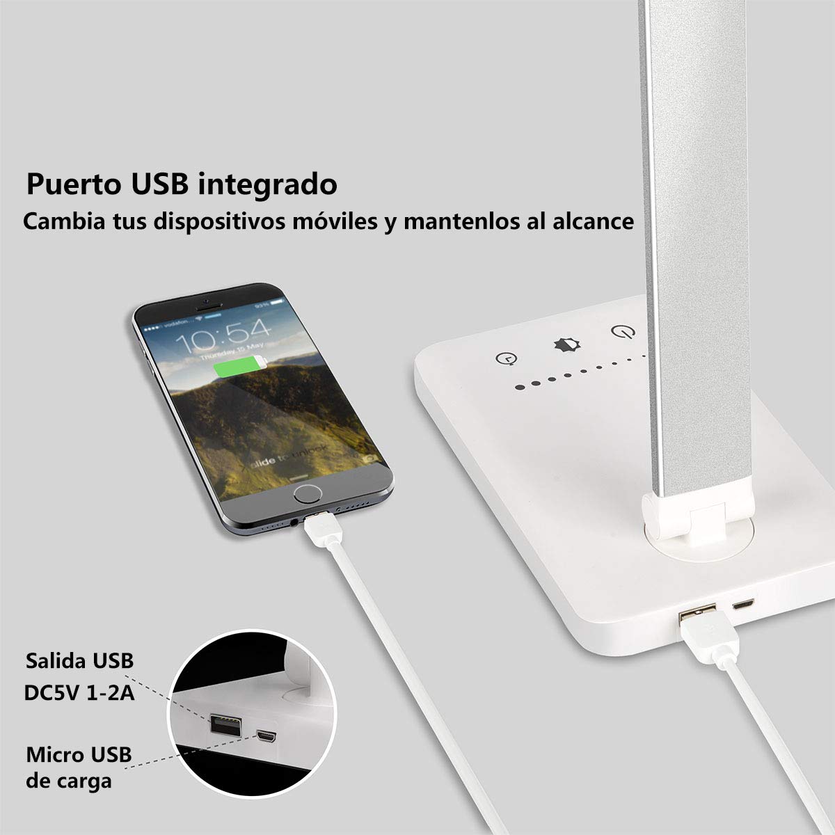 SLATOR Lámpara Escritorio LED, Flexo de Escritorio (Cuidado Ocular, Puerto USB, 5 Modos,10 Niveles de Brillo,Temporizador de 30/60min, Función de Memoria)