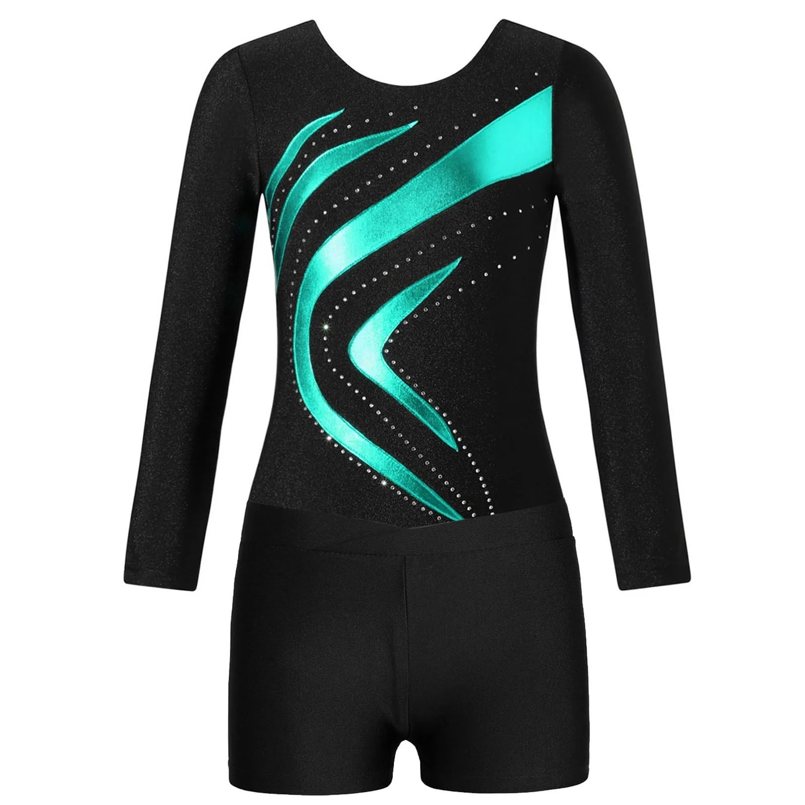 Malla de gimnasia de manga larga for niñas, mono de retazos con brillantes diamantes de imitación y pantalones cortos, disfraz de competición de baile Para las bailarinas